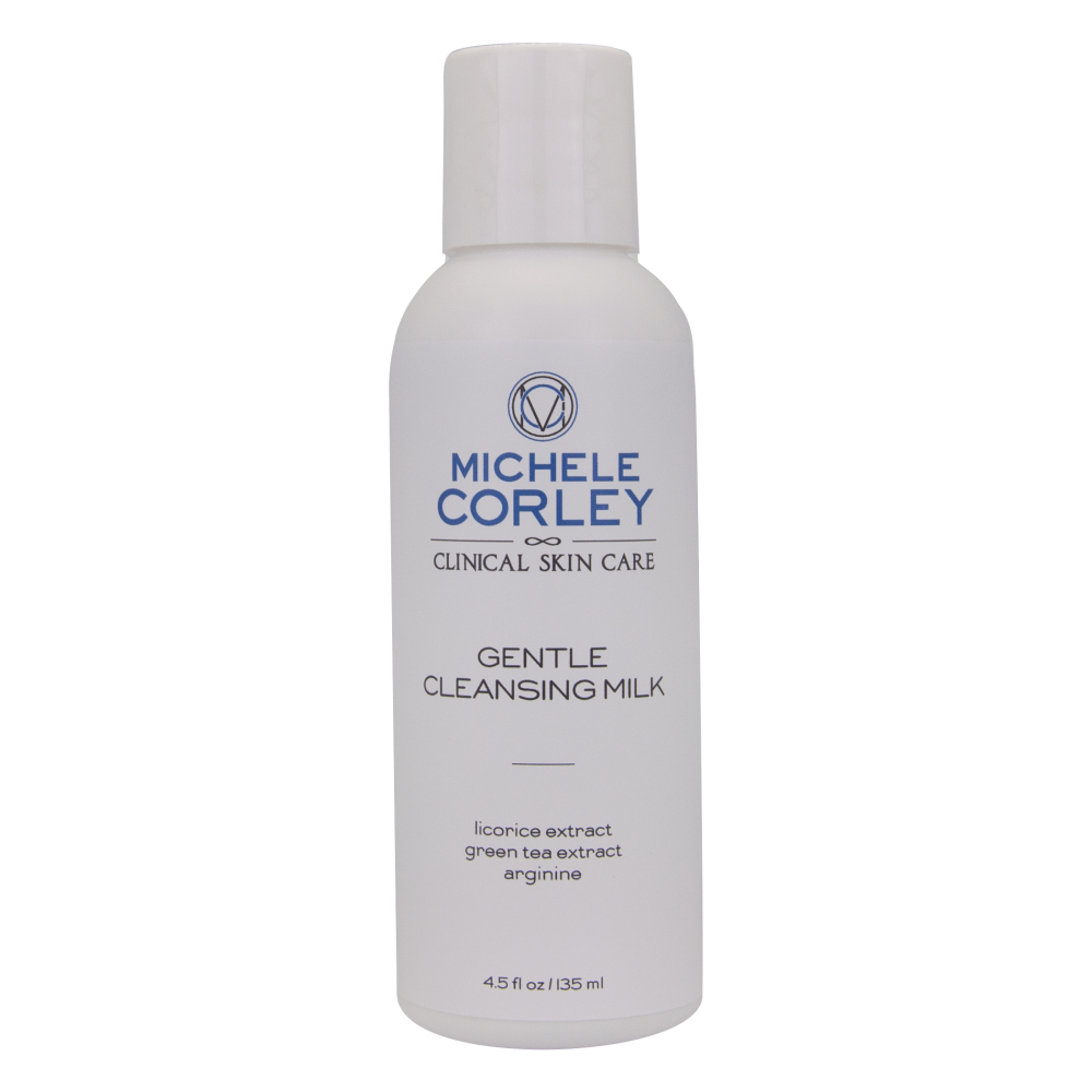 Michele Corley Gentle Cleansing Milk in retail size bottle with flip lid.