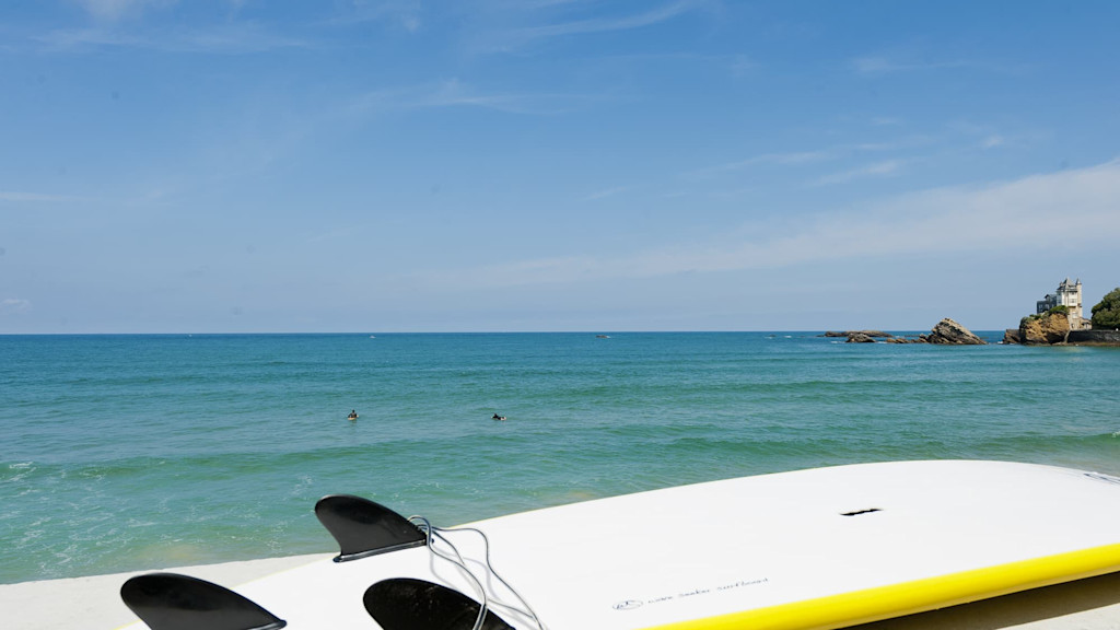 Surfboard and Biarritz sea view Surfboard and Biarritz sea view