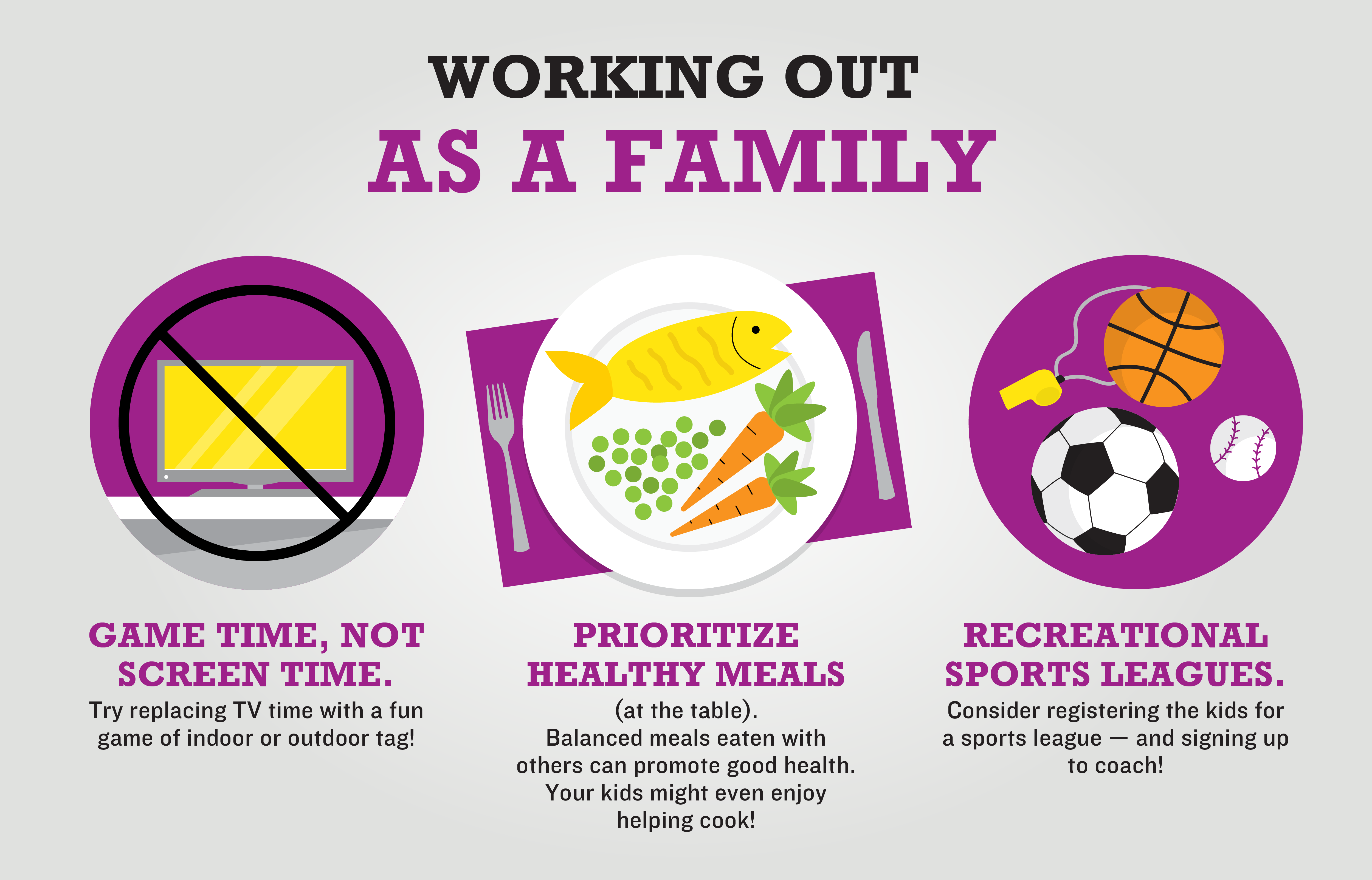 Informational graphic with tips about working out at a family