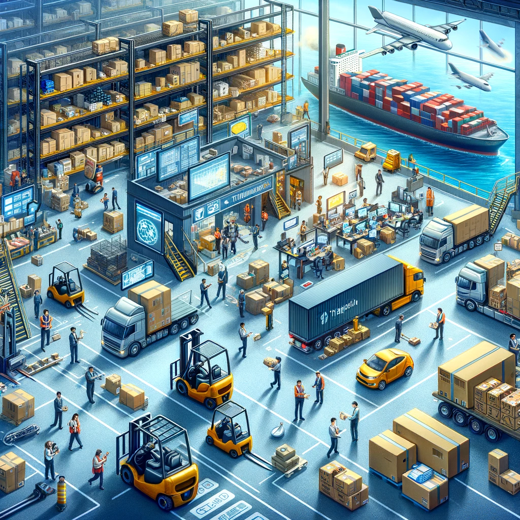 DALL·E 2024-02-11 23.39.05 - Depict a bustling scene of a transport or shipping company in action, showcasing the dynamic process of carrying out projects. This scene includes a v