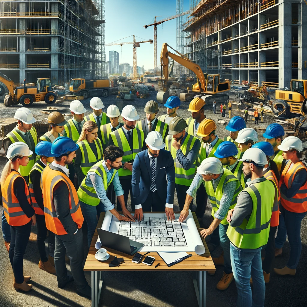 DALL·E 2024-02-12 11.34.49 - An image depicting a strong connection between office management and workers on a construction job site. The scene shows a diverse team of constructio