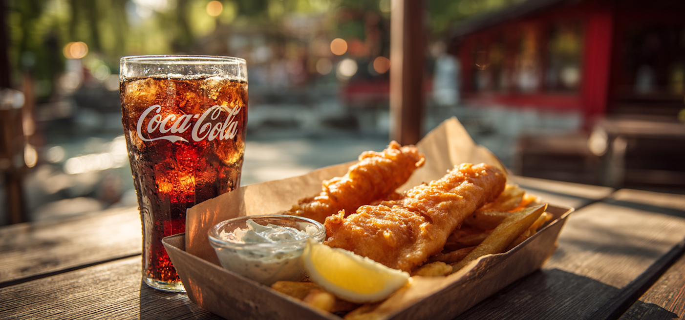 Et glass Coca-Cola og en porsjon fish and chips med tartarsaus og sitronbåter står framme på et trebord utendørs.