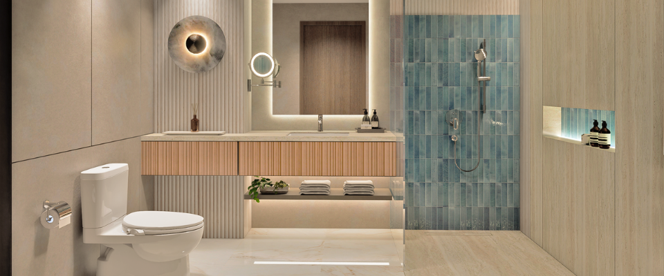 Kamar mandi dengan kloset, wastafel, dan area shower terpisah