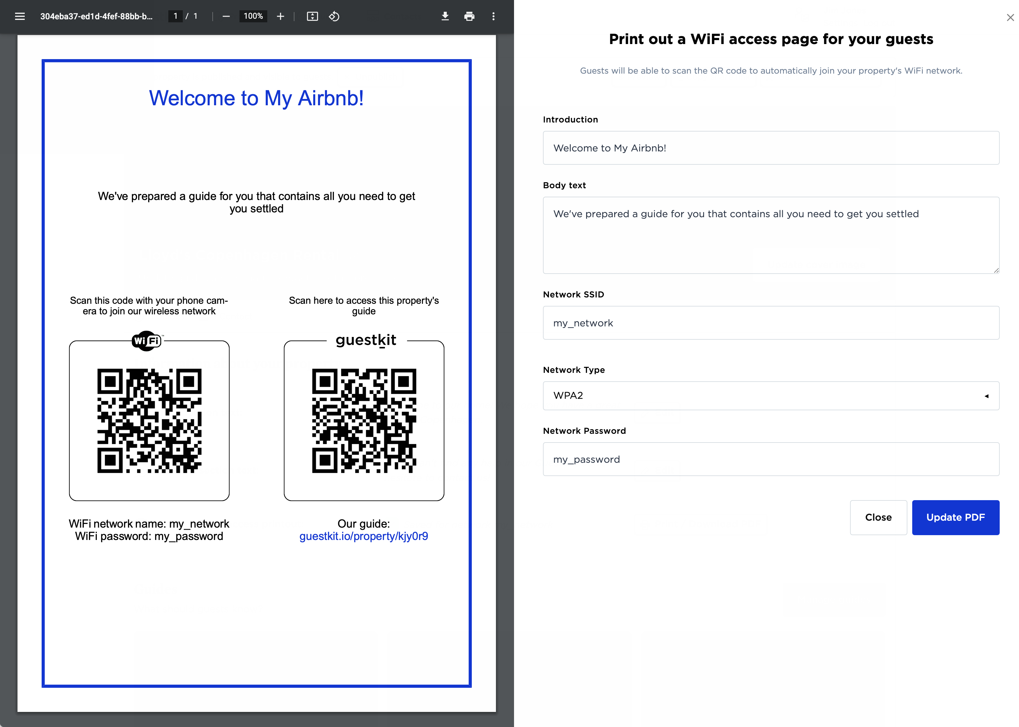 Editor interface for generating PDF printout for guests to connect to wifi/load guestkit.
