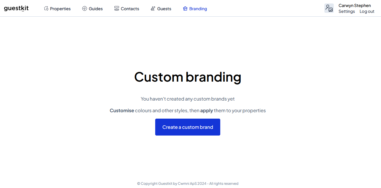 Guestkit empty brand page with create custom brand button visible