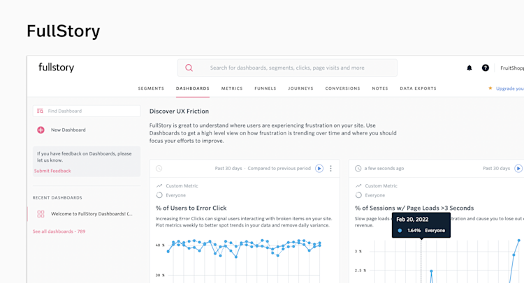 A user friction dashboard in FullStory.