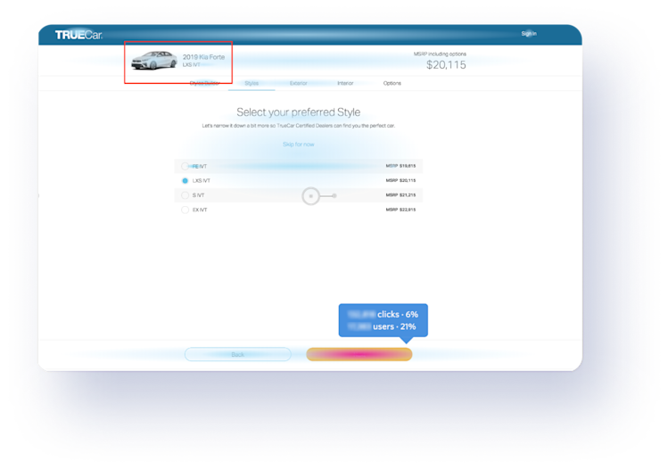 Using heatmaps in FullStory the TrueCar team can identify potential points of friction—when shoppers engage with elements that aren't clickable, for example.