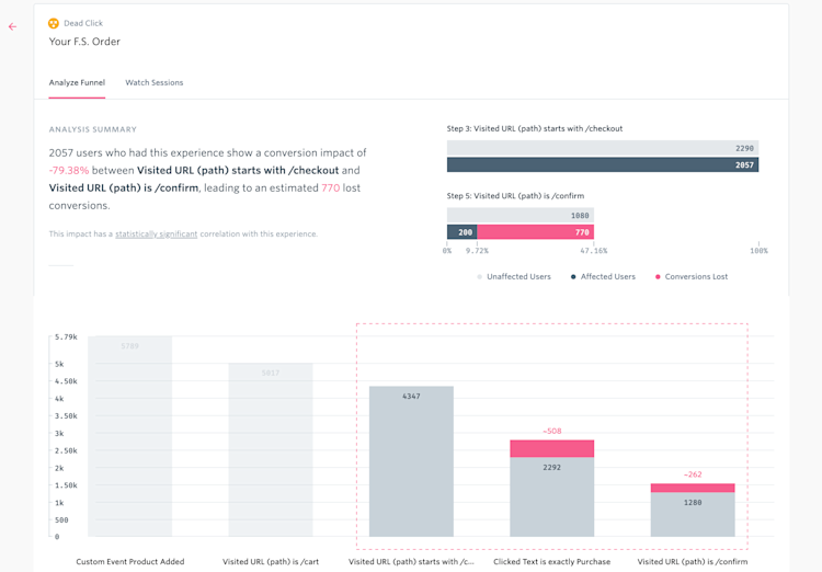 Automatic quantitative funnel analysis in the FullStory app