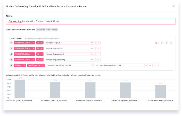 Funnels can include combinations of steps to measure key onboarding flows.