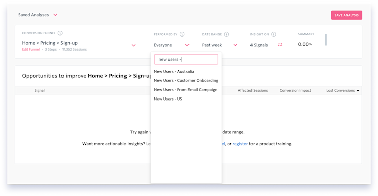 This company might compare conversion results across two geographic segments for new users: New users - Australia and New user - US.