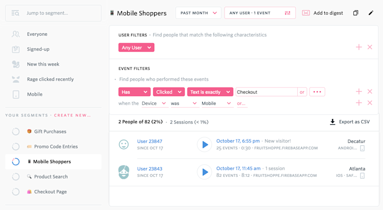 Go ahead and build out your segments in FullStory, being sure to save them so they're just one click away. Fun and helpful emojis for rapidly spotting your favorite segments completely optional.
