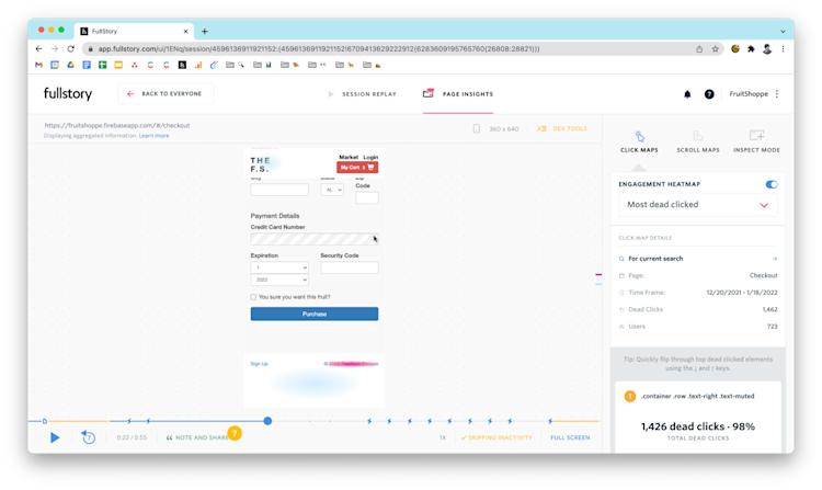 A screenshot of the view where you can see dead clicks in FullStory.
