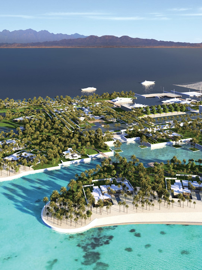 Aerial render of the marina and villas in the island