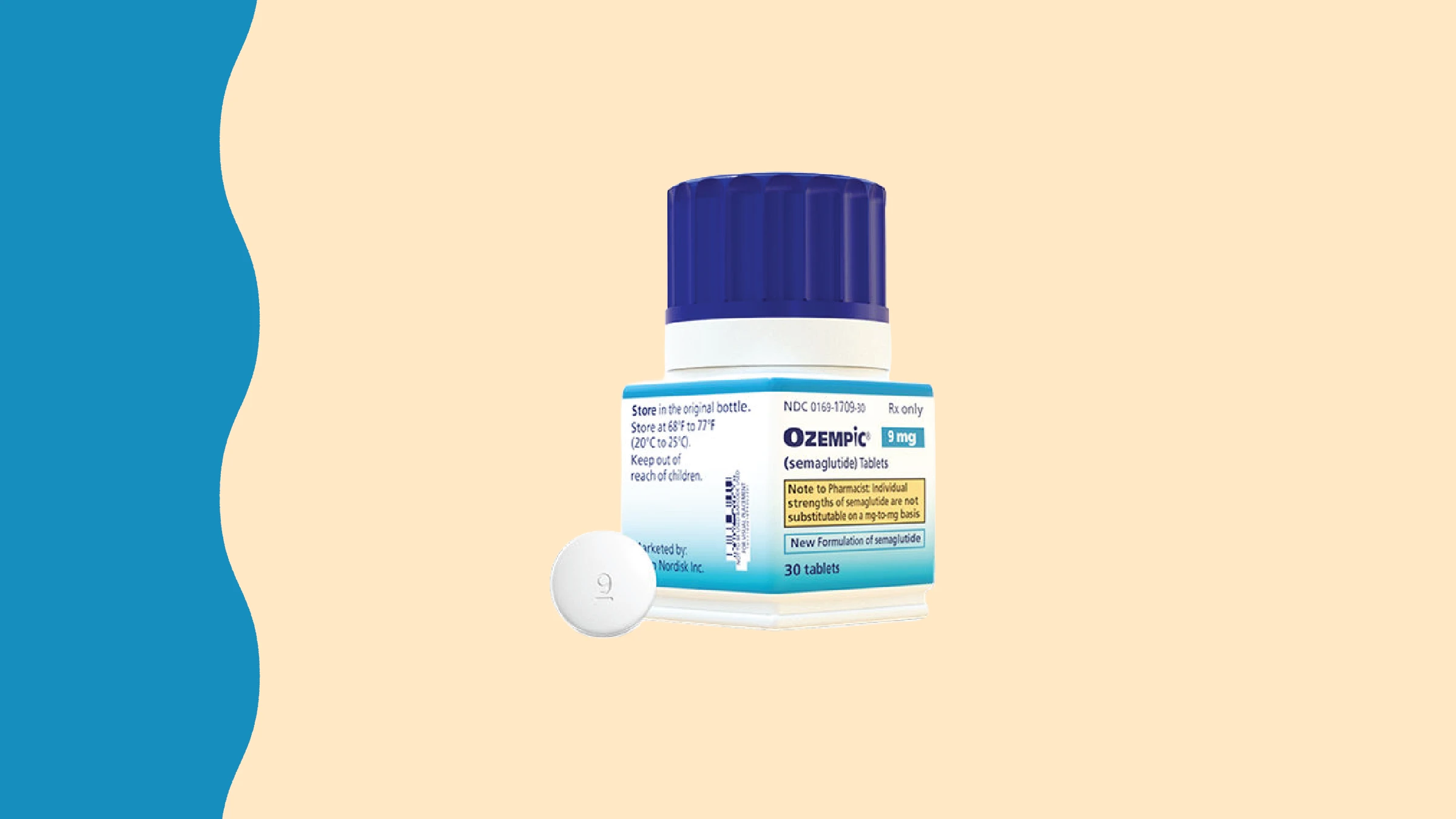 Ozempic 9mg pill and packaging. In the center of a light tan background with blue wavy shape on the left side is the Ozempic pill and bottle.