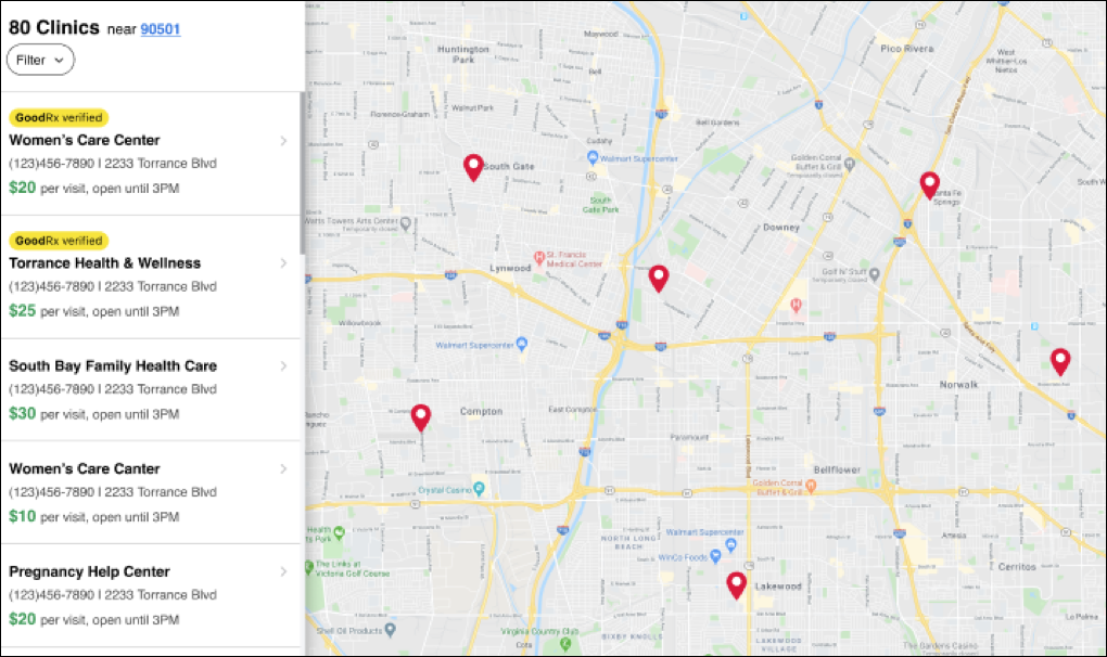 Prototype of Team Health Center's search results