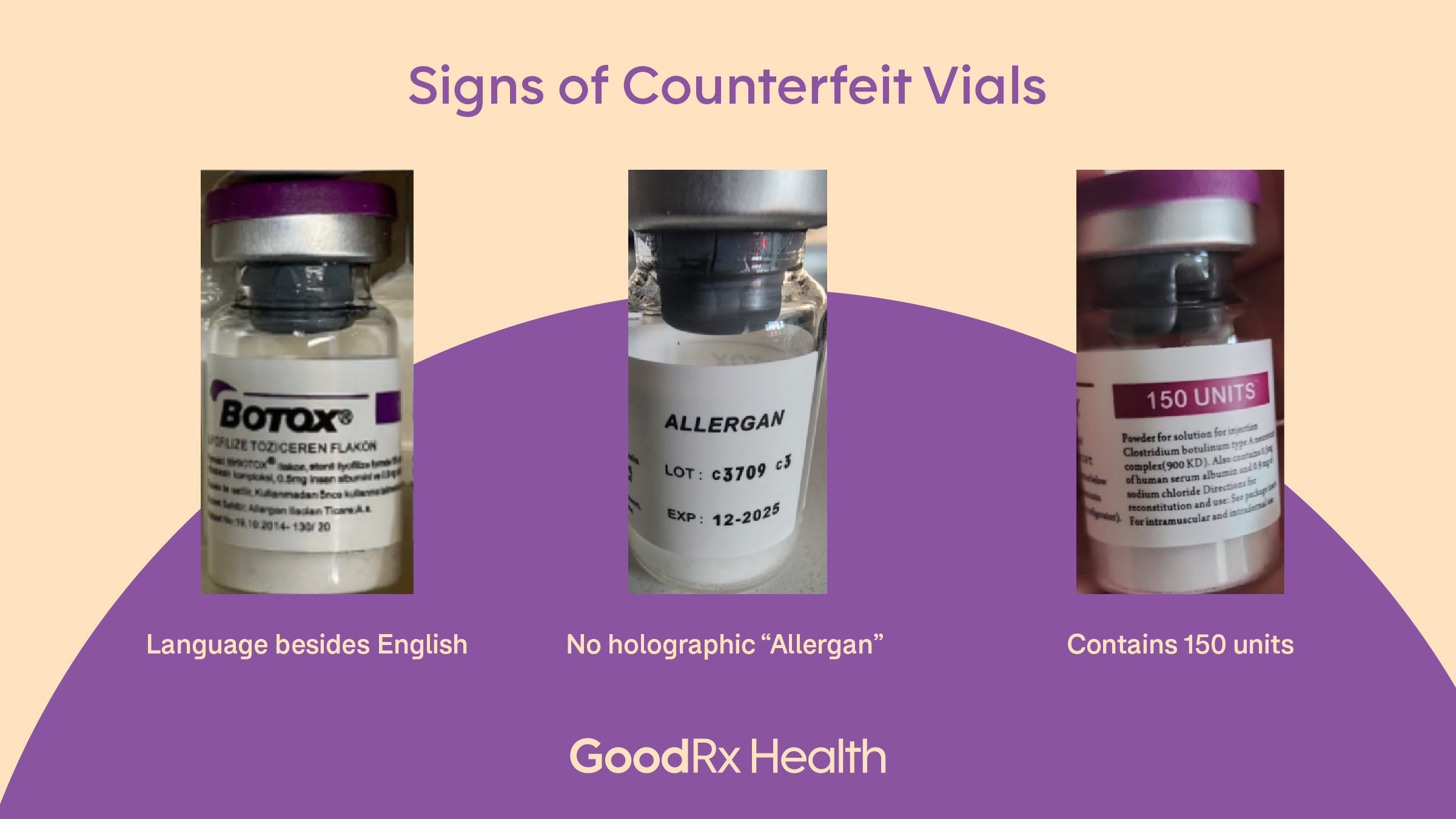 Alt Text: Tan background with purple half-circle shape on the bottom. There are three samples of fake Botox vials. The title text reads: “Signs of Counterfeit Vials.” The images from left to right: sample of a vial with language besides English, sample of a vial that has no holographic “Allergan” label, and a sample of a vial labeled with 150 units instead of 50, 100, or 200.