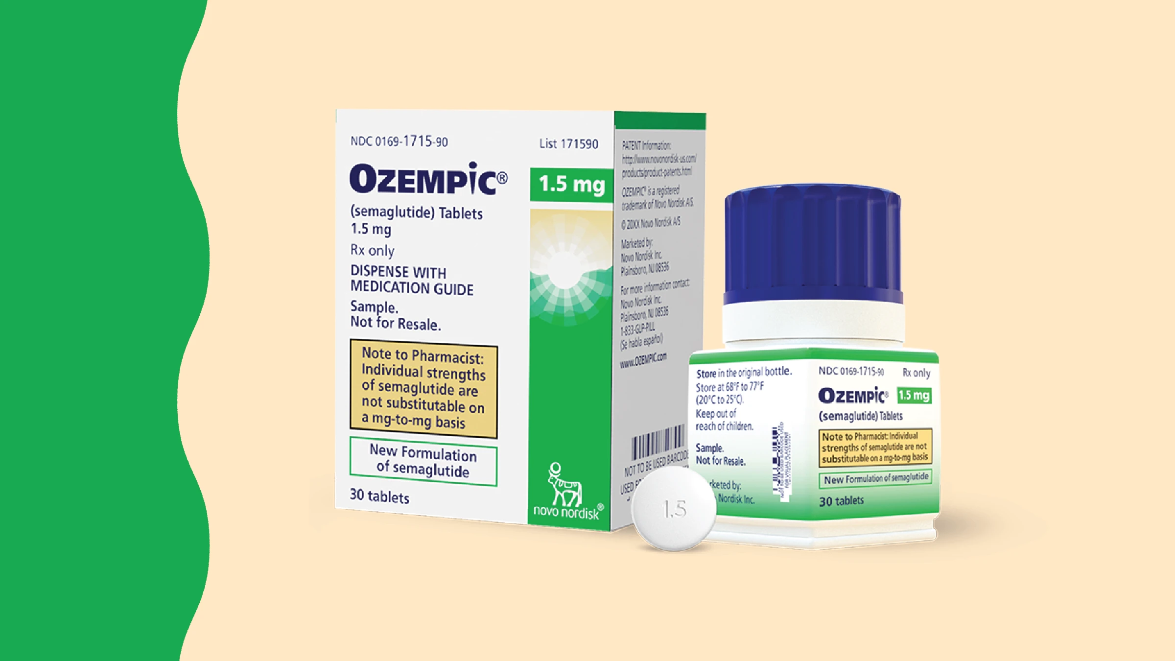 Ozempic 1.5mg pill and packaging. In the center of a light tan background with green wavy shape on the left side is the Ozempic pill, bottle, and packaging.