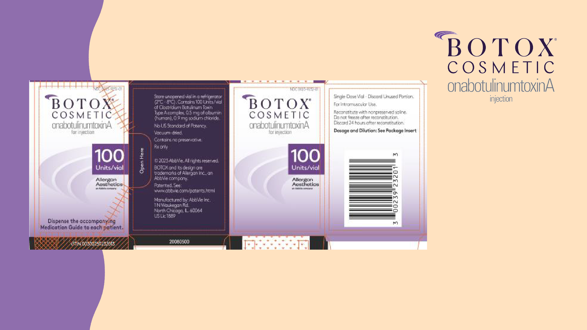 Tan background with purple wavy shape on the left side. The FDA approved Botox Cosmetic packaging is centered on the frame with the Botox Cosmetic logo in the top right corner.