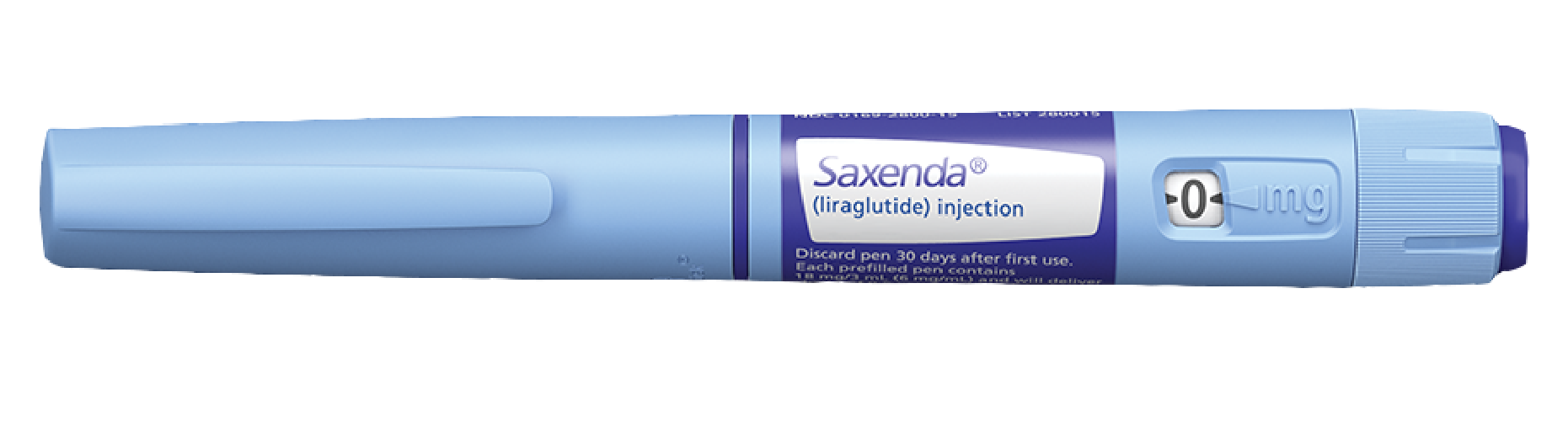 Product photo of the blue and purple Saxenda auto injector.