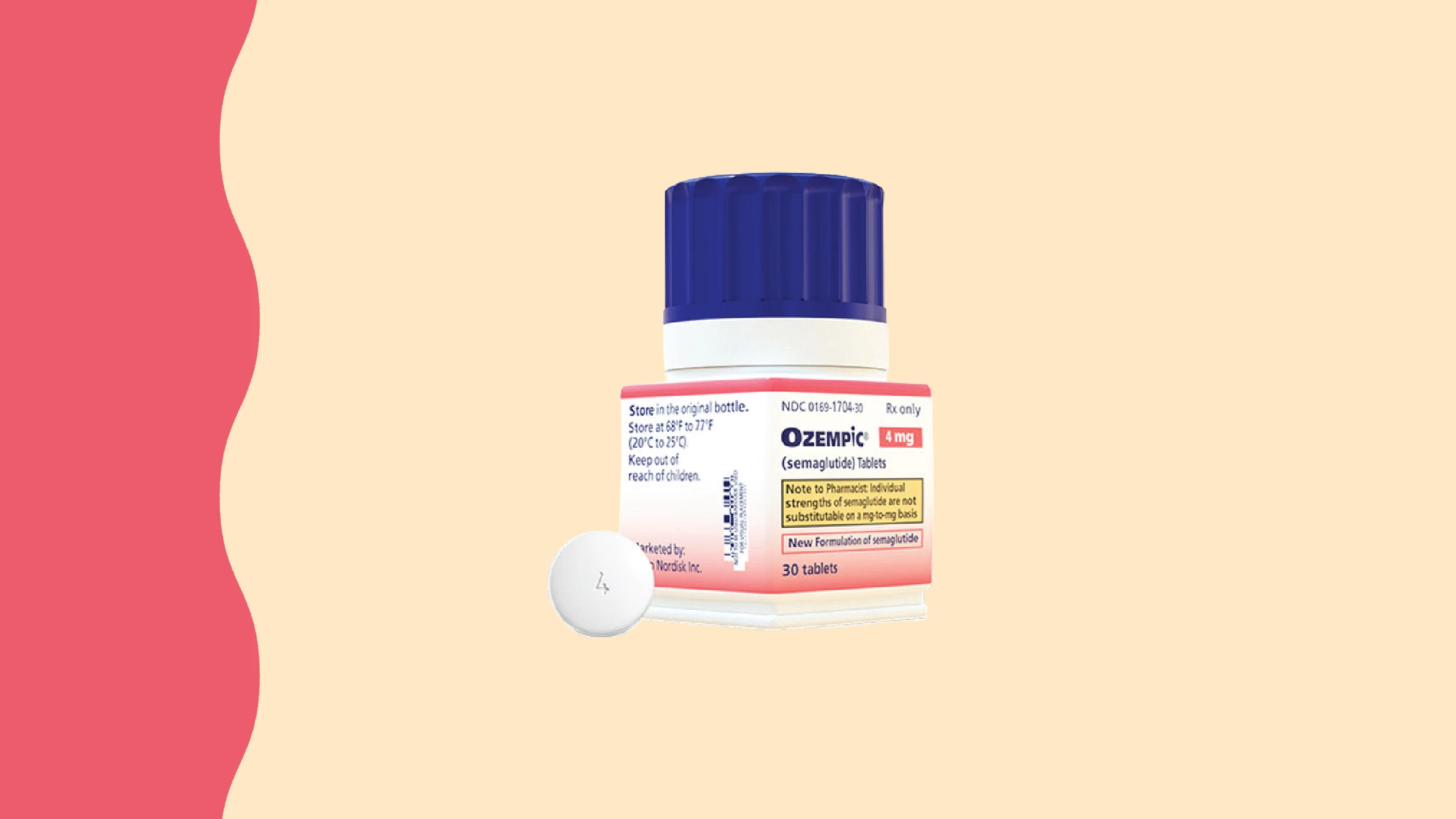 Ozempic 4mg pill and packaging. In the center of a light tan background with pink wavy shape on the left side is the Ozempic pill and bottle.