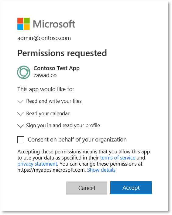 An example OAuth app screenshot Office 365
