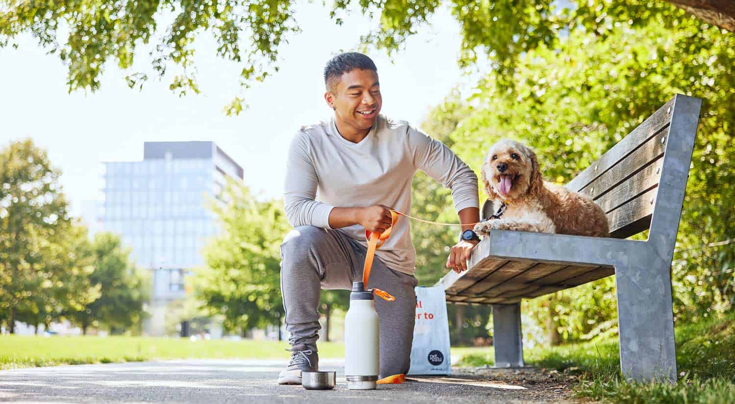 Man watching his dog on a leash who is sitting on bench in a park
