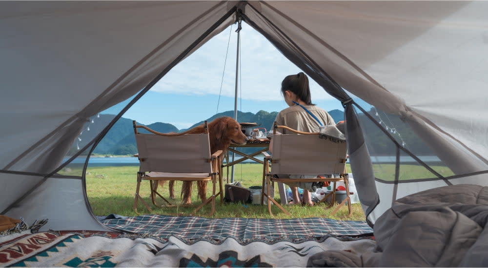 Staying safe is a top summer priority - Woman in a tent with her dog