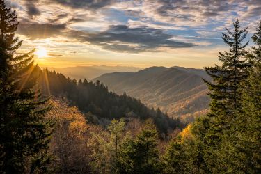 Autumn sunrise over Newfound Gap overlooking the Great Smoky Mountains.