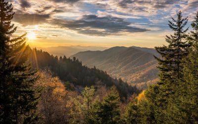 Autumn sunrise over Newfound Gap overlooking the Great Smoky Mountains.
