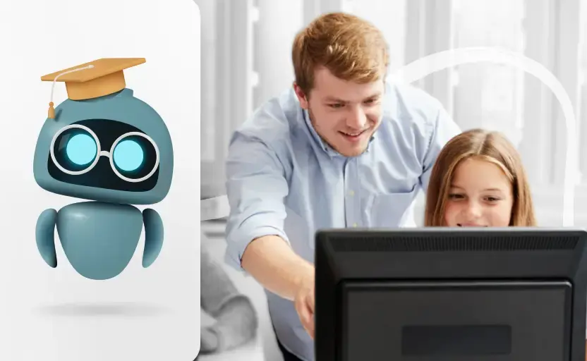 Animated robot on the left with a graduation cap on and on the right, a male and young female smiling looking at a laptop