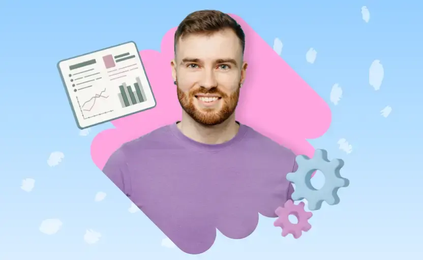 A head shot of a man in front of a light blue background. A graph icon is next to his right shoulder and a Wi-Fi signal icon is next to his left shoulder.