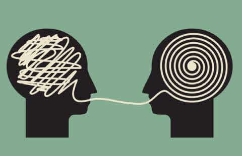 Illustration of two heads facing each other with a line connecting them