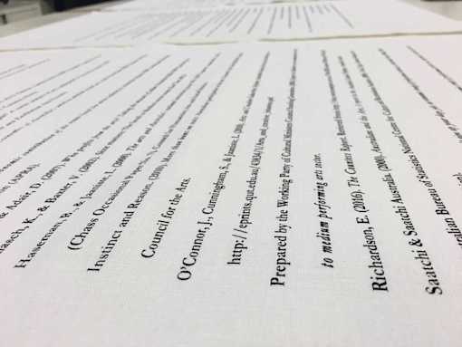 Close-up of tea-towel with screen-printed bibliography text