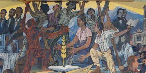 Painting of many people lifting up something