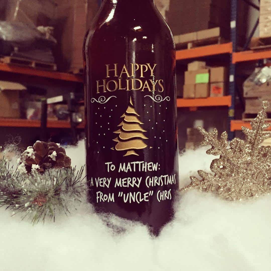 Happy Holidays custom etched beer bottle holiday gift by Etching Expressions
