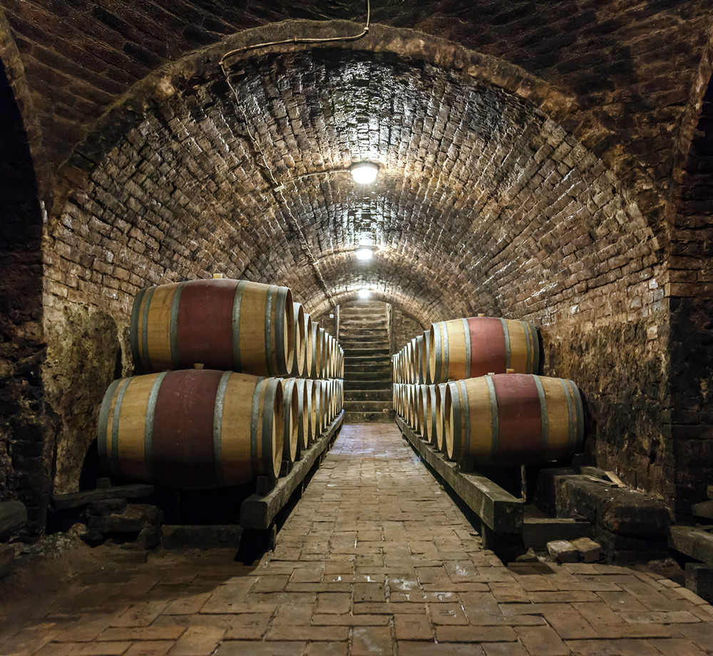 oak barrels underground cellar