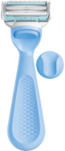 Gillette Venus Intimate Rasierer mit ergonomischem Griff und praktischer Duschhalterung zur Aufbewahrung im Badezimmer.