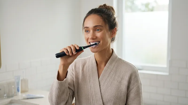 Frau putzt Zähne mit Oral-B iO Elektrozahnbürste – konsequente tägliche Mundhygiene als wirksame Prävention gegen Zahnfleischerkrankungen
