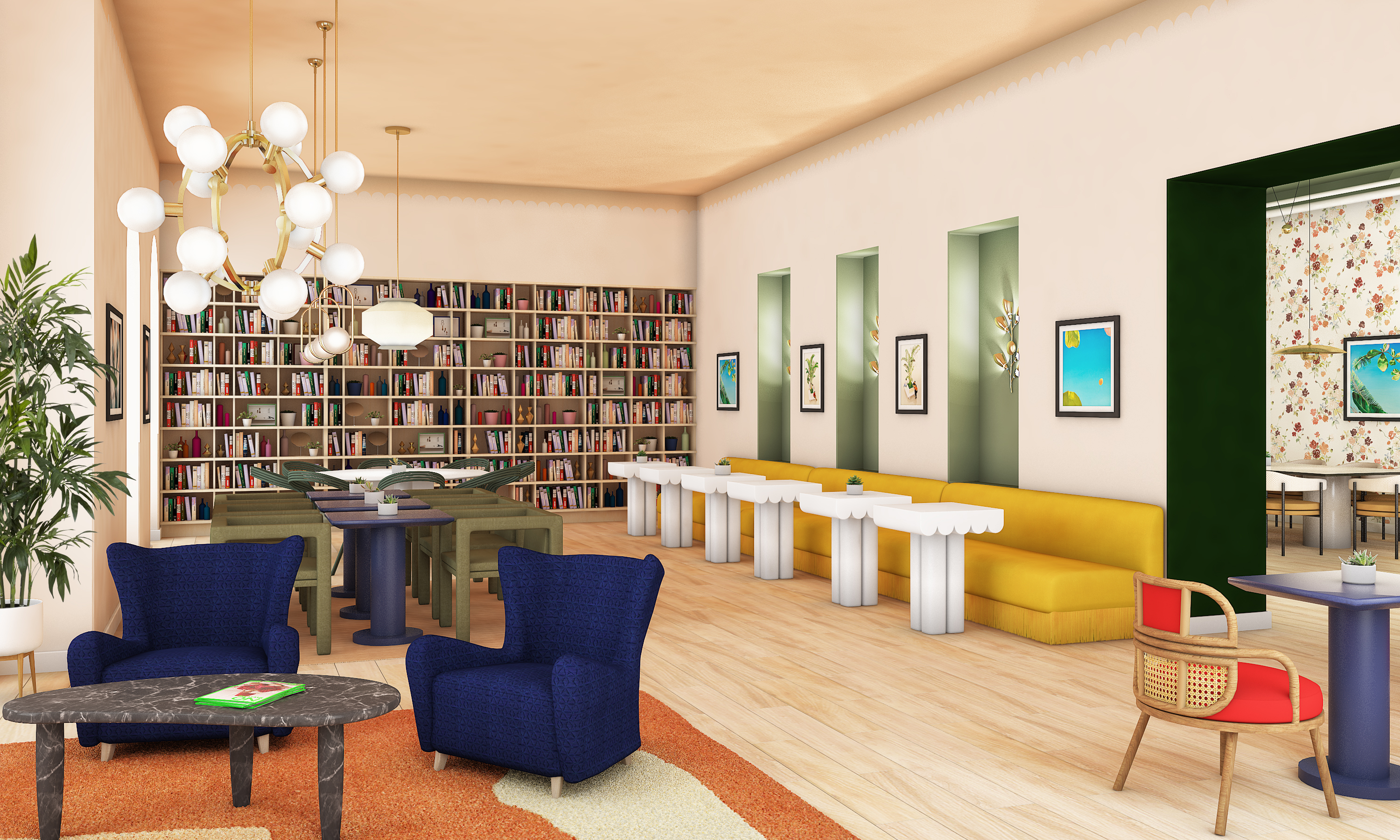 Rendering of the library at The Wing Upper West Side