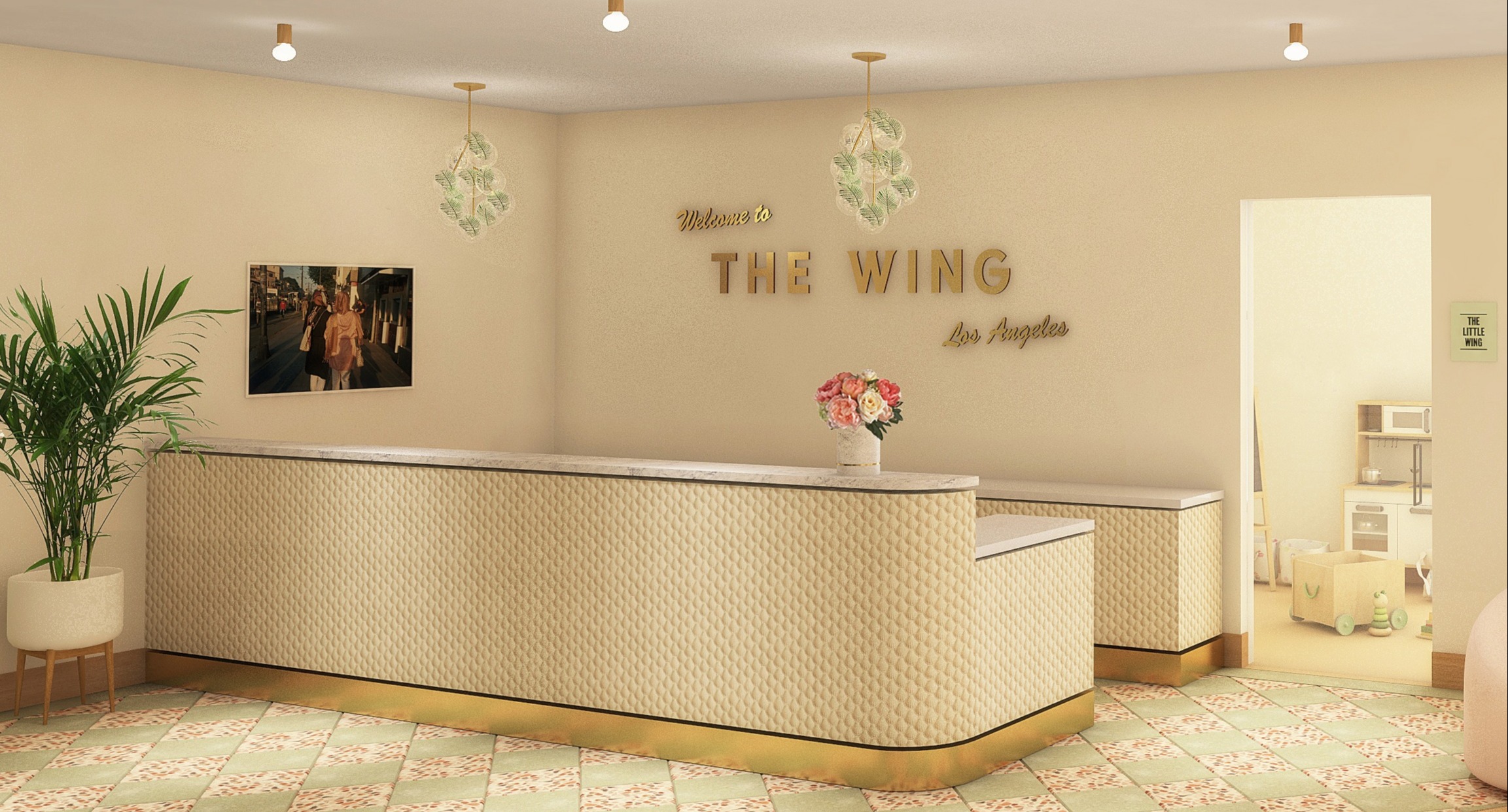 Room laid out with pale pink couch and long front desk.