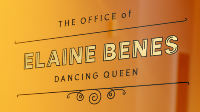 Image of orange glass door with words "The office of elaine benes, dancing queen."