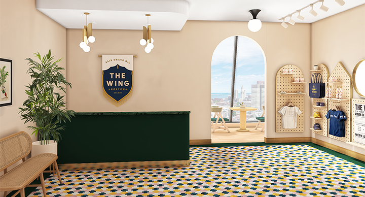 The reception area of The Wing Boston.