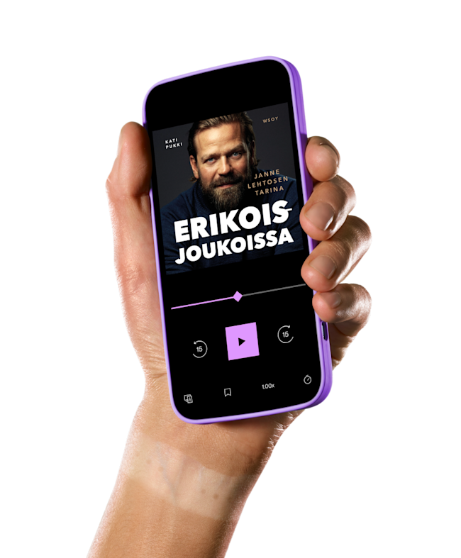 Käsi pitelee älypuhelinta, jossa on auki BookBeat äänikirjasovellus.