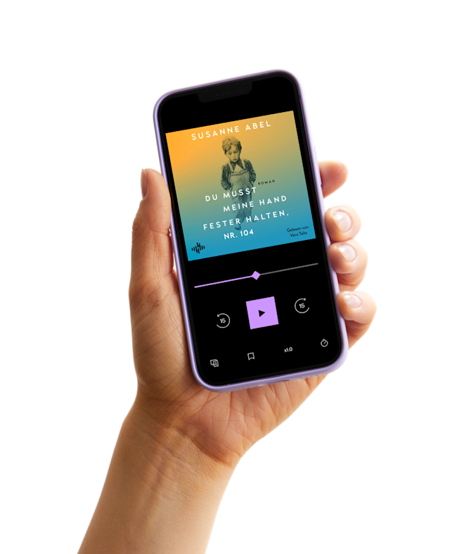 Eine Hand hält ein Handy, welches die BookBeat-App zeigt.