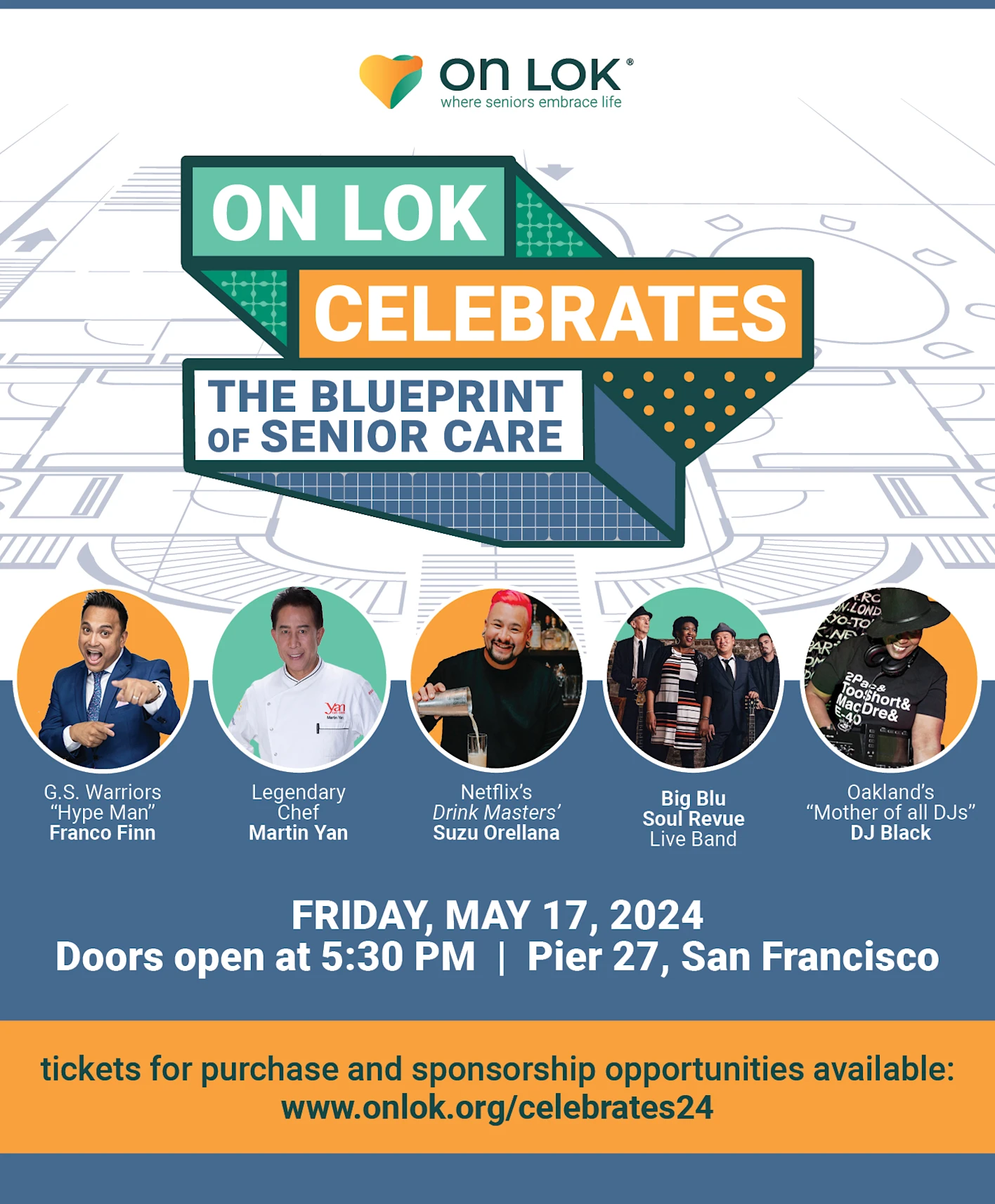 Flyer for the 2024 On Lok Celebrates Gala happening at Pier 27 in San Francisco, CA. Image includes the lineup of events, including Franco Finn, Chef Martin Yan, Suzu Orellana, Big Blu Soul Revue, and DJ Black.