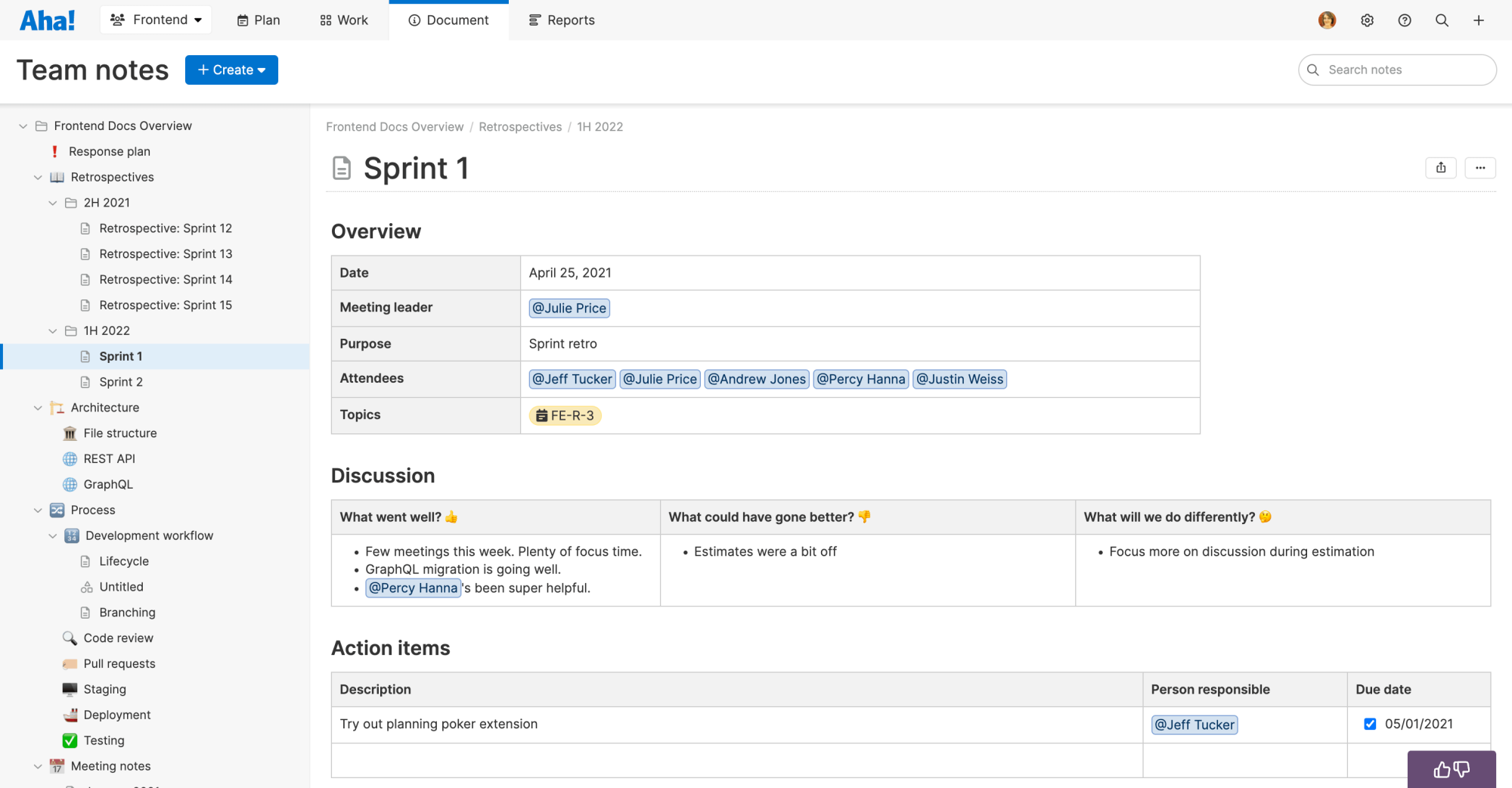 Wiki-like documentation in Aha! Develop showing a sprint retrospective.