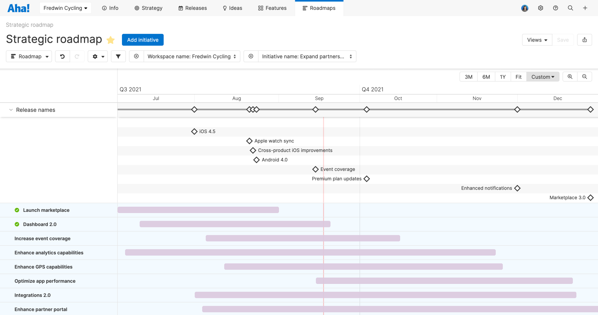 An example of a strategic roadmap in Aha! Roadmaps