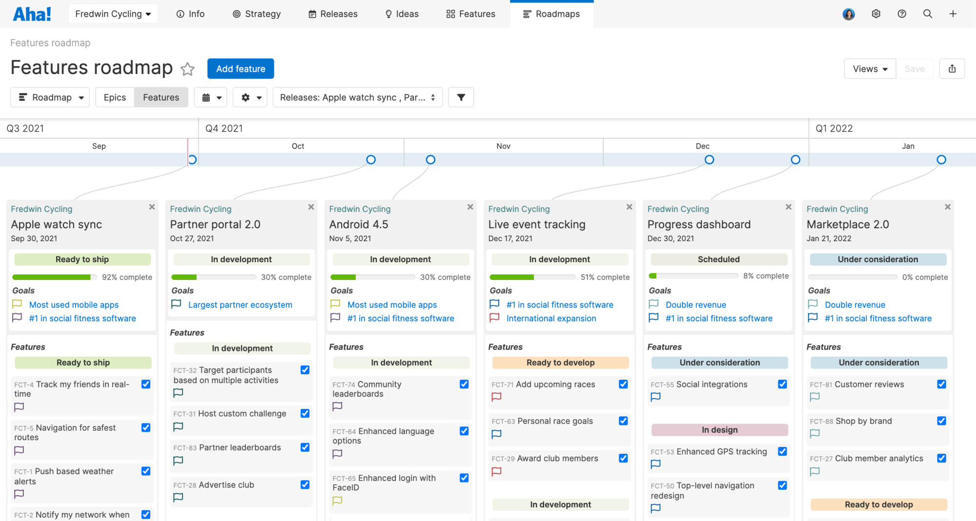 Features roadmap created in Aha! Roadmaps