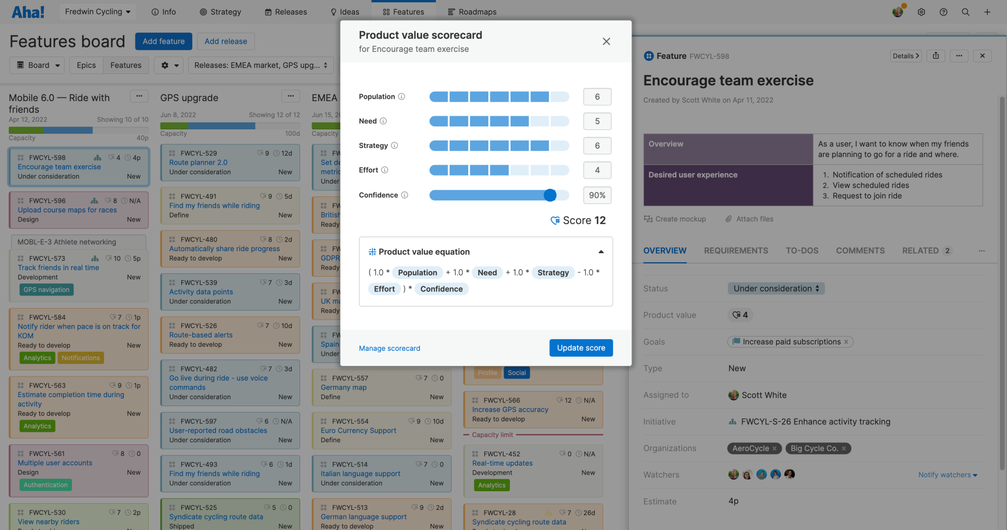 Product value scorecard available in Aha! software.