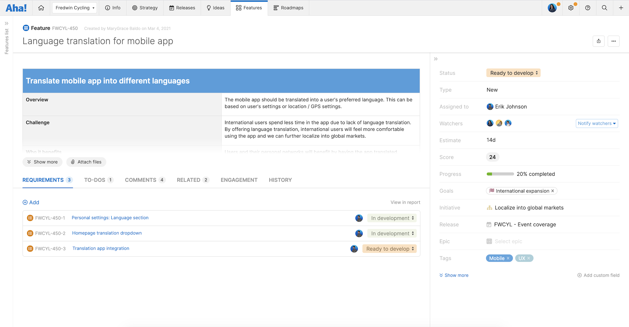 A feature in Aha! Roadmaps with requirements